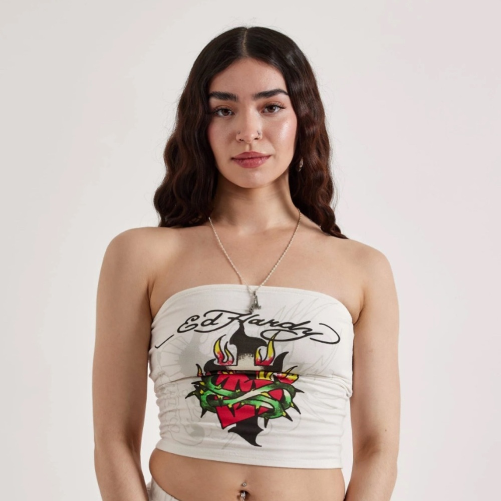 Ed Hardy White Graphic Tube Top Burning Heart Tattoo Print size large strapless